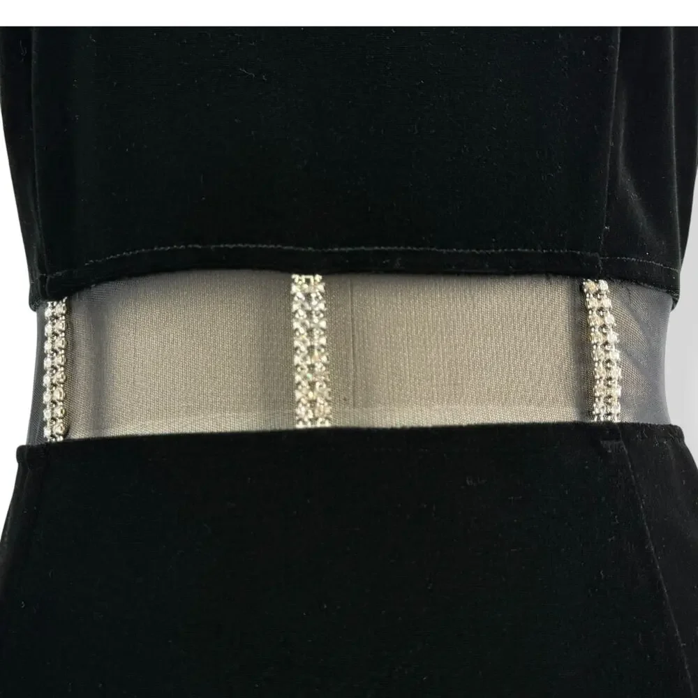 90's sexy black velvet long fitted dress with high slit and mesh crystal trim - Picture 12 of 16